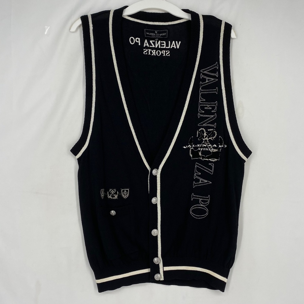 Valenza Po Sport Mens Size 46 US Small Sweater Vest Black White Embroidered